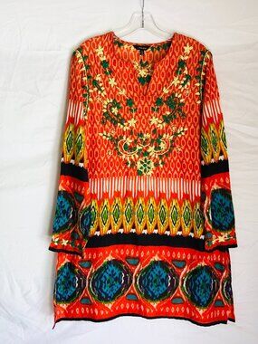 J. Peterman Women's Size Medium Floral Embroidered Boho Geometric Top Tunic Dres